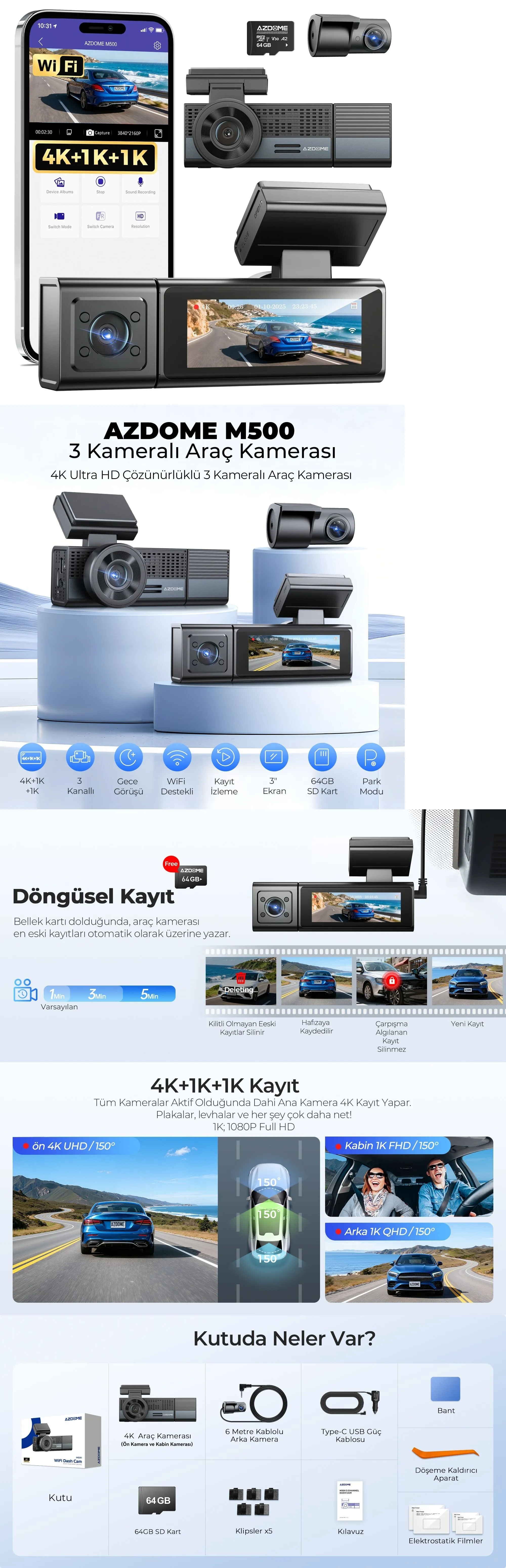 Azdome M500 3 Kameralı Araç Kamerası Seti